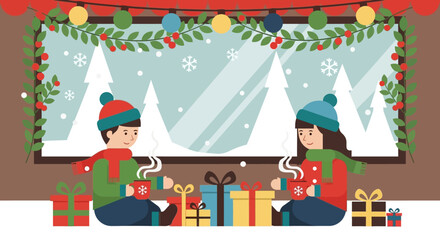 Two People Enjoying Hot Drinks During Winter Season.