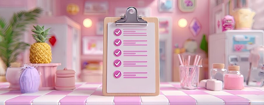 3d white clipboard with task management checklist concept. A charming workspace with a checklist and colorful decorations.