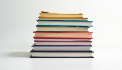 Neat stack of diverse files and documents on white backdrop, sheets, report, desk