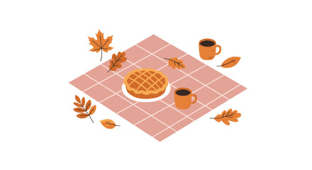 An isometric illustration of a pie on a checkered tablecloth with coffee cups and autumn leaves.