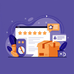 Online review illustration with five stars, package, clock, leaves, and speech bubbles on a purple background.