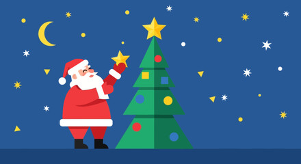 Santa Claus Decorating Christmas Tree with Star Ornament.