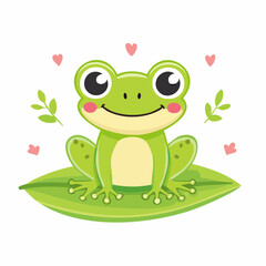 Fototapeta premium A cute smiling green cartoon frog with pink cheeks sitting on a large leaf surrounded by hearts.