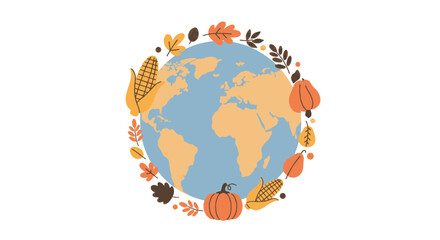 A stylized illustration of the Earth surrounded by autumn leaves, pumpkins, and corn, symbolizing harvest and fall.