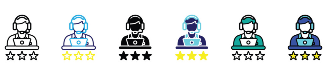 Customer service support icon vector illustration of male agent with headset and star rating in glyph style