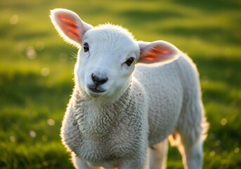 Fototapeta premium A cute white lamb stands in a sunny green field, looking directly at the camera with a gentle expression.