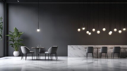 Dining room with table, bar, chairs, and lights, for a magazine article on interior design