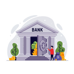 A person unlocking a bank vault filled with money, alongside bags.