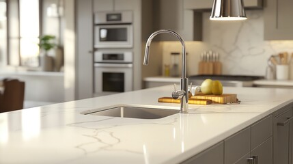 Kitchen sink and countertop with fruit and blurred appliances in a bright home