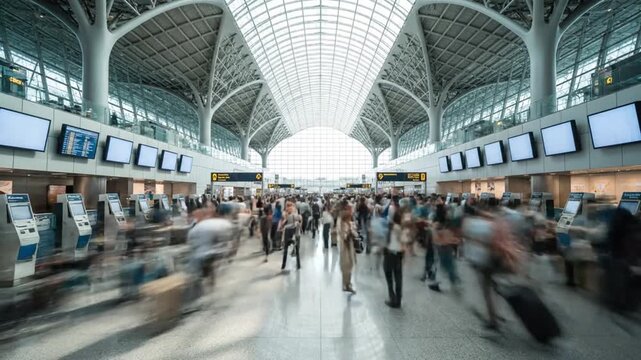 Time-lapse of a diverse crowd of travelers in a modern airport terminal.