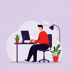 Illustration of a man working at a desk with a computer, holding a steaming mug, in a home office setting.