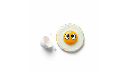 Humorous Fried Egg with Cartoon Eyes and Broken Eggshell on an Isolated transparent background.