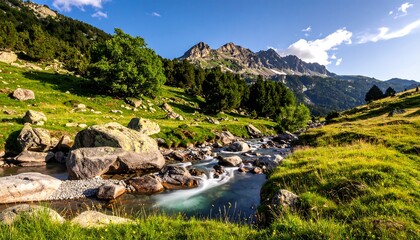 Majestic mountain range with a winding river flowing through a lush green valley, under a clear blue sky. Sunlit landscape