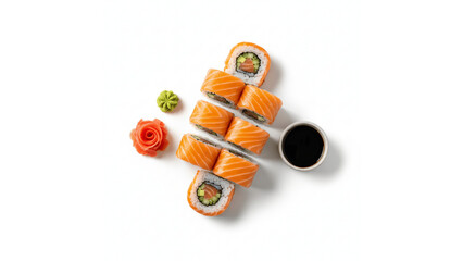 Delicious Sushi Rolls with Salmon, Wasabi, Ginger, and Soy Sauce Arranged on an Isolated transparent background.