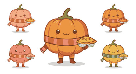 Cute cartoon pumpkins wearing scarves and holding pies, perfect for autumn and Thanksgiving themes.
