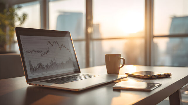 Laptop displaying stock market data on office desk