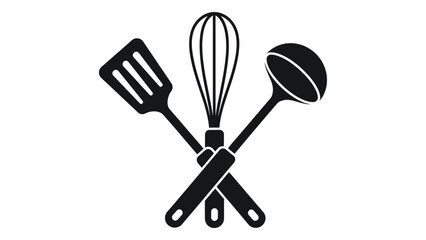 A black and white icon of crossed kitchen utensils including a spatula, whisk, and ladle isolated on white background