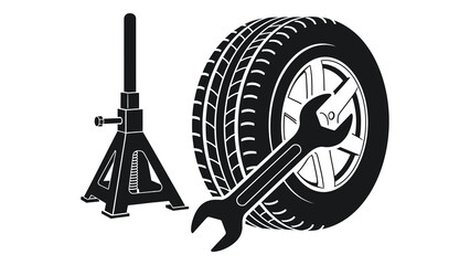 Tire, wrench, and jack isolated on white background for car repair, maintenance, and automotive service concept