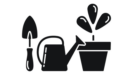Illustration of a trowel, watering can, and potted plant isolated on white background, representing gardening and plant care