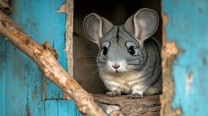 Gray chinchilla sits in blue wooden door with branches in a rustic outdoor scene