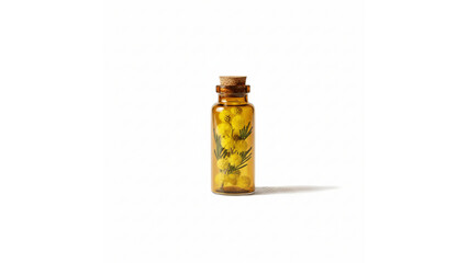 Small Glass Bottle with Cork Stopper Filled with Dried Yellow Herbs on an Isolated transparent background.