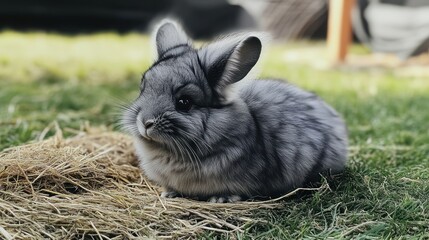 Grey chinchilla sitting on grass with straw, pet photo for website or ad