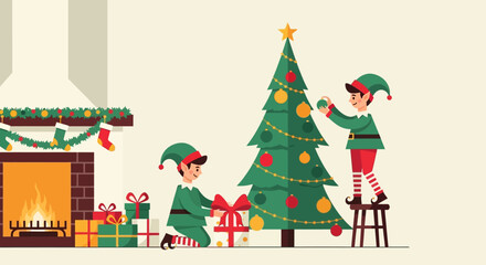 Fototapeta premium Festive Christmas Scene with Elves Decorating Tree and Gifts.