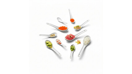 Collection of Various Spices and Ingredients in Small White Spoons on an Isolated transparent background