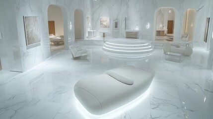 Minimalist bright white living room with curved furniture and marble flooring