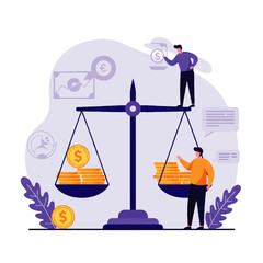 Illustration showing two people balancing scales with stacks of dollar coins, representing financial balance and investment.
