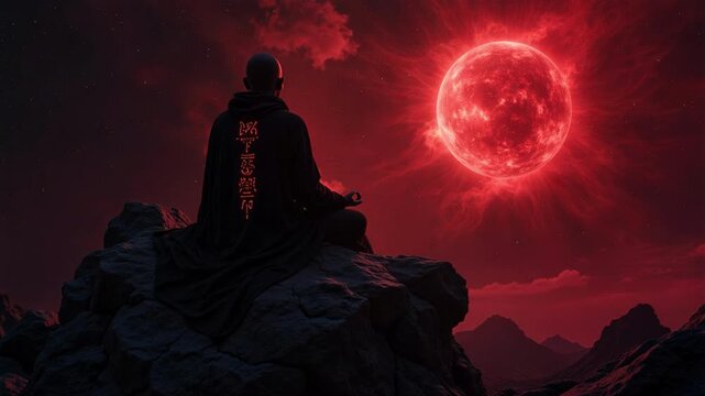 Cosmic Meditation Awaits A mystical mountain spirit finds serenity meditating on a floating rock orbiting a vibrant red dwarf star. Find inner peace now