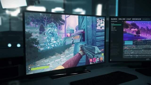 Taking Power Ups And Killing Enemy Players In Multiplayer Computer Game. Playing Competitive Computer Game FPS. Player Victorious In Online Mode Of Computer Game. Hobby. Digital Animation