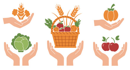 Hands holding various fresh produce, including a basket of fruits and vegetables, representing harvest.