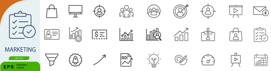 Marketing Icon Set – 30 Line Style Symbols for Strategy, Promotion, and Business Growth