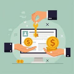 Hands exchanging a key and coins over a computer screen, representing a transaction.