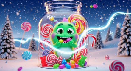 Candy Jar Creature Whimsical Winter Scene with Sweets, Snow Magic