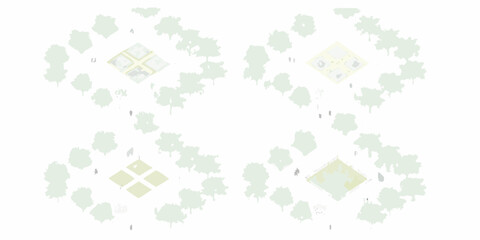Abstract architectural diagram showing four stylized urban park designs with trees and people