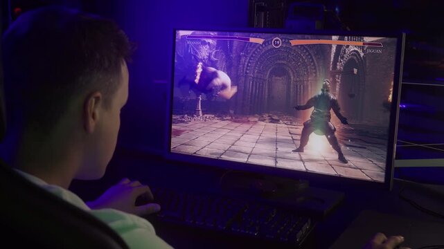 Participating in the competitive martial arts fighting game esports tournament. Using magical characters in the martial arts tournament. Player losing the match of the martial arts tournament.