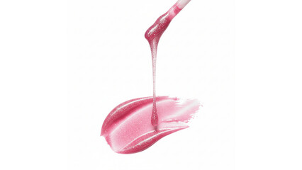Shimmering Pink Lip Gloss Swatch with Applicator Dripping on Isolated transparent background, Glamorous Cosmetic Makeup Liquid