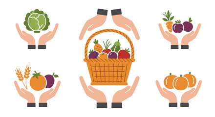 Illustrations of hands holding vegetables and a basket of produce, representing food security and healthy eating.