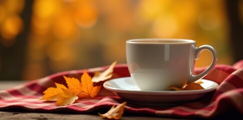 Warm beverage, autumn foliage, checkered cloth , image, plaid blanket