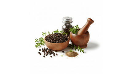 Fresh Black Peppercorns with Herbs in Wooden Bowl and Mortar on Isolated transparent background, Rustic Culinary Spices