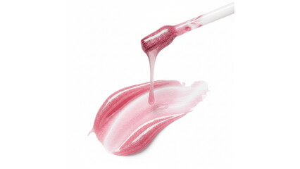 Shimmering Pink Lip Gloss Swatch with Applicator Dripping on Isolated transparent background, Glamorous Cosmetic Makeup Liquid