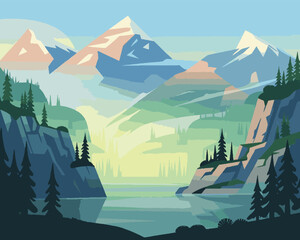 “Mountain Landscape Vector Illustration – Scenic Nature Design with Snowy Peaks and Serene Lake”