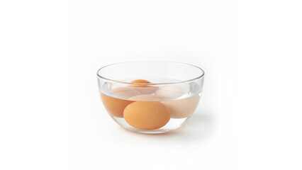Three Brown Chicken Eggs Soaking in Glass Bowl of Water, Isolated transparent background, Kitchen Preparation.