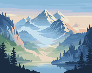 “Mountain Landscape Vector Illustration – Scenic Nature Design with Snowy Peaks and Serene Lake”