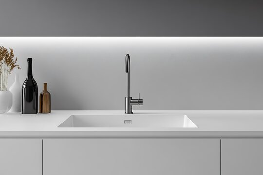 A minimal sink with pure white surface, slightly sunken basin, and square drain cover in a seamless world kitchen counter 