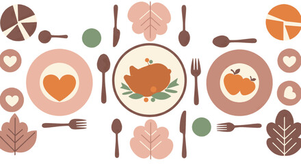 Stylized illustration of a festive Thanksgiving dinner table with turkey, pie, and autumn leaves.