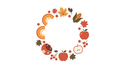 Autumn harvest wreath with pumpkins, apples, corn, and colorful leaves on a white background.