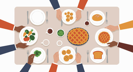 Overhead view of a Thanksgiving dinner table with food and hands.